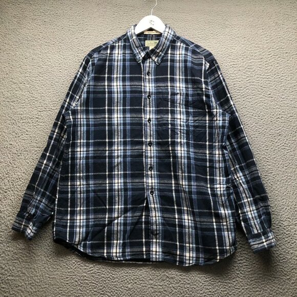 L.L. Bean Tops - LL Bean Flannel Button Up Shirt Men Large Long Sleeve Traditional Fit Plaid Navy
